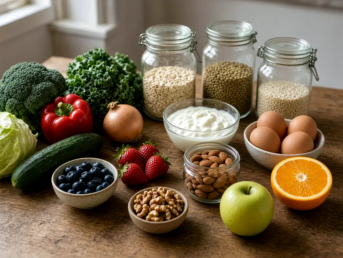 Frische Lebensmittel: Gemüse, Beeren, Vollkorn in Gläsern, Eier, Joghurt, Nüsse und Obst