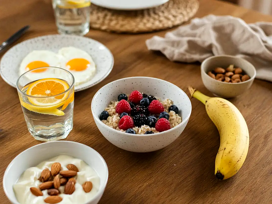 Energiereiches Frühstück mit Haferflocken, Beeren, Zitruswasser, Banane, Mandeln, Eiern und Joghurt