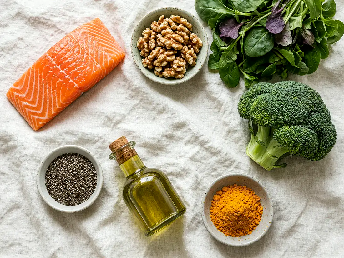 Lachs, Walnüsse, Chiasamen, Blattgemüse, Brokkoli, Olivenöl und Kurkuma auf hellem Leinen