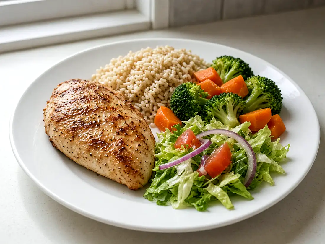 Ausgewogen portionierter Teller mit Hähnchenbrust, Naturreis, Brokkoli, Karotten und Salat