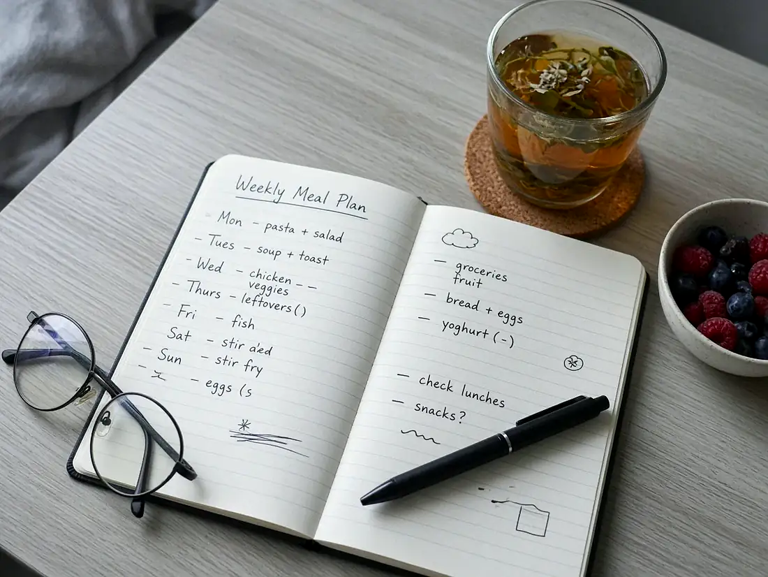 Aufgeschlagenes Notizbuch mit Wochenplan, Stift, Brille, Kräutertee und Beeren