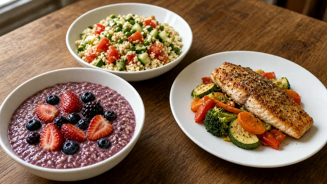 Porridge mit Beeren, eine bunte Getreide-Bowl und Fisch mit Gemüse nebeneinander
